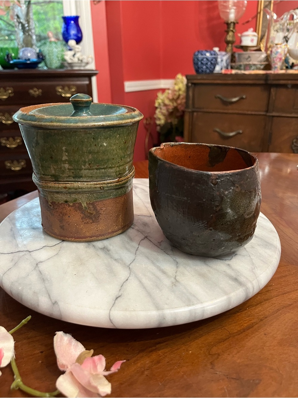 VTG 1986 L. Adams Pacific Northwest Studio Pottery: Lidded Jar & Companion Crock